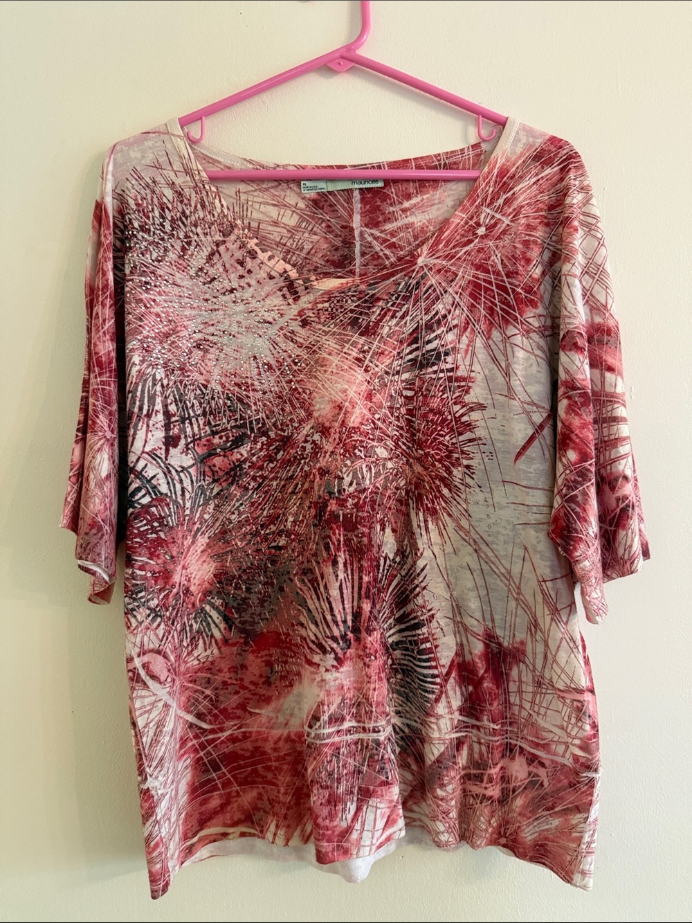 Super Cute Women's Red Abstract Palm-Print Tunic Top - XL
